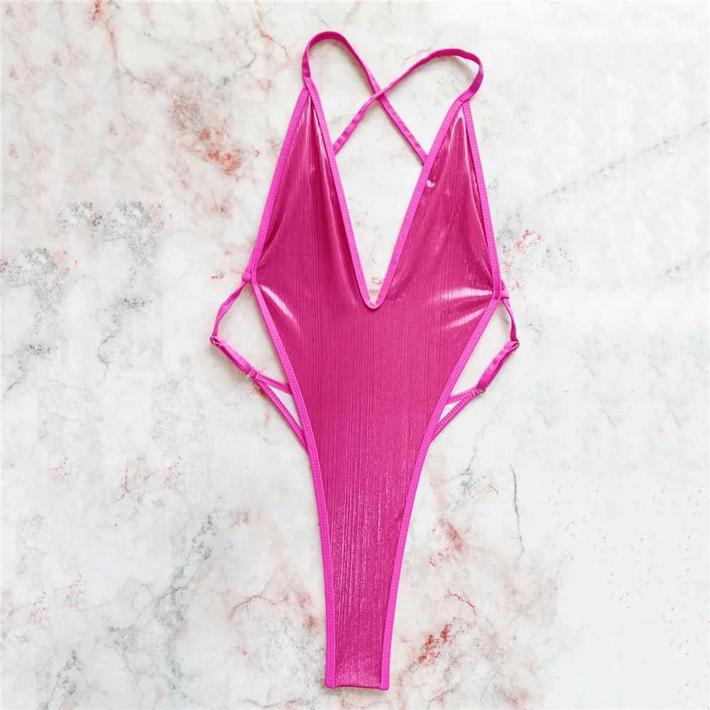 Women's Swimwear Sexy rose red shiny backless swimsuit womens one-piece swimsuit 2025 micro thong back cross string Monokini high cut swimsuit H2