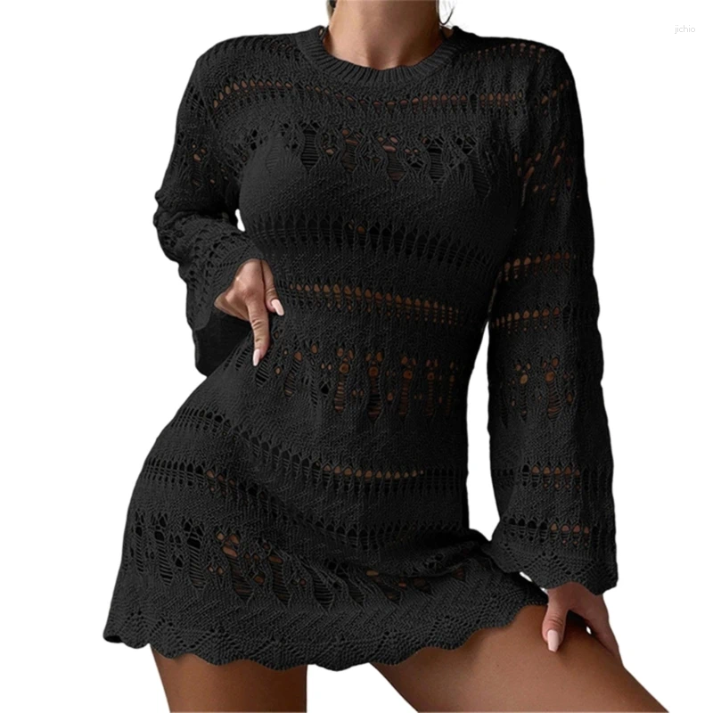 Hollow Out Crochet Beach Wrap Dress Long Sleeve Swimsuit Women Bathing Suit Coverup For Parties
