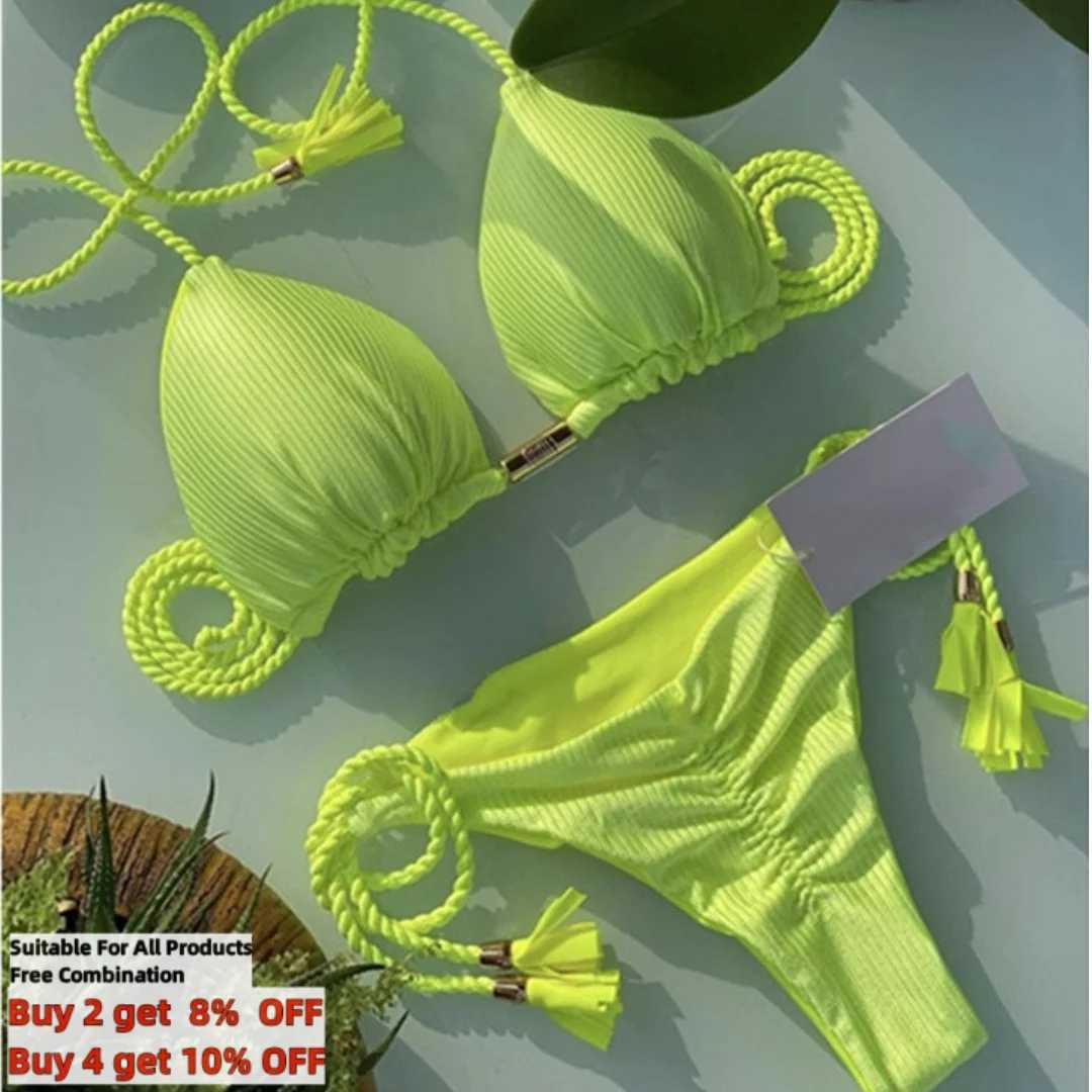 Women's Swimwear Solid Color Crinkled Bikini Set Hand Woven Rope Swimwear S-XL Womens Rear Tie Fastening Swimsuit Two Piece Bathing Suit H241130