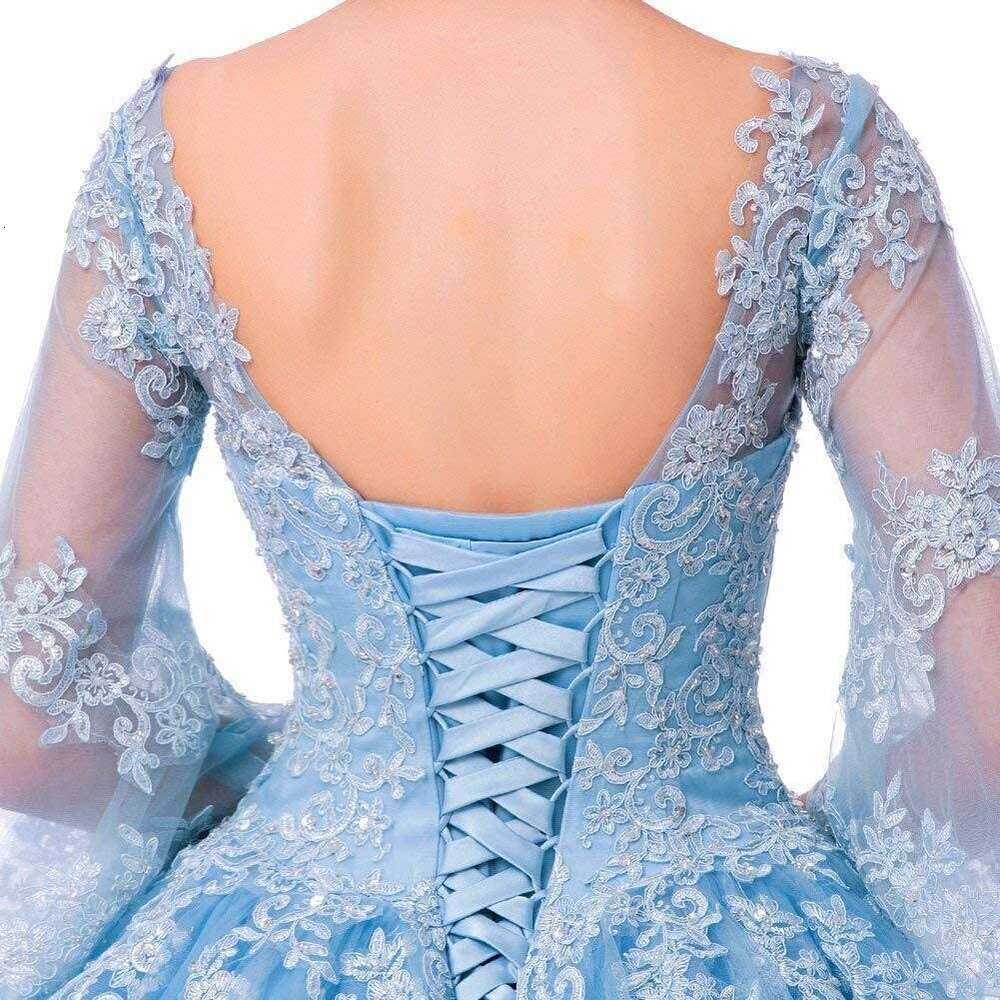 Quinceanera Lace Appliques Dresses Ball Gown Long Sleeves Tulle Prom Dress prom