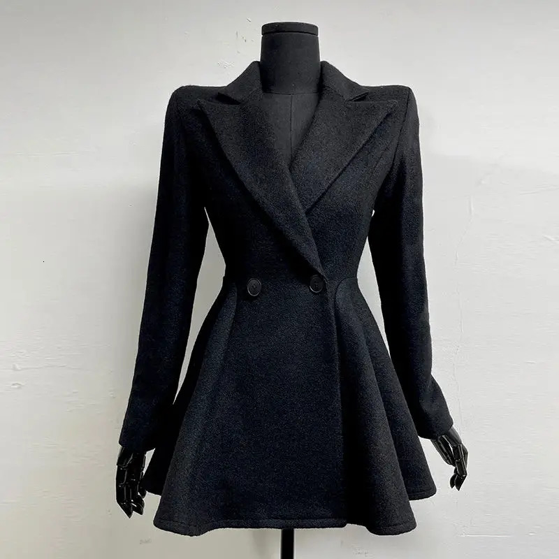 French Style Waist Slimming Woolen Suit Korean Fashion Slim Fit Black Mid Length Coat Women Clothing 241129