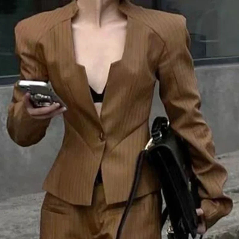 Gymystars Two Piece Trousers Set Striped Pants Blazer Outerwear VNeck Loose Buttoned SplitJoint Wide Leg Suit Famale Clothing 241129