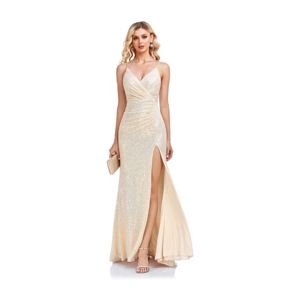 Neck Sequin V Prom Long Split Mermaid Formal Dresses for Women Sparkly Spaghetti Straps Evening Gown prom