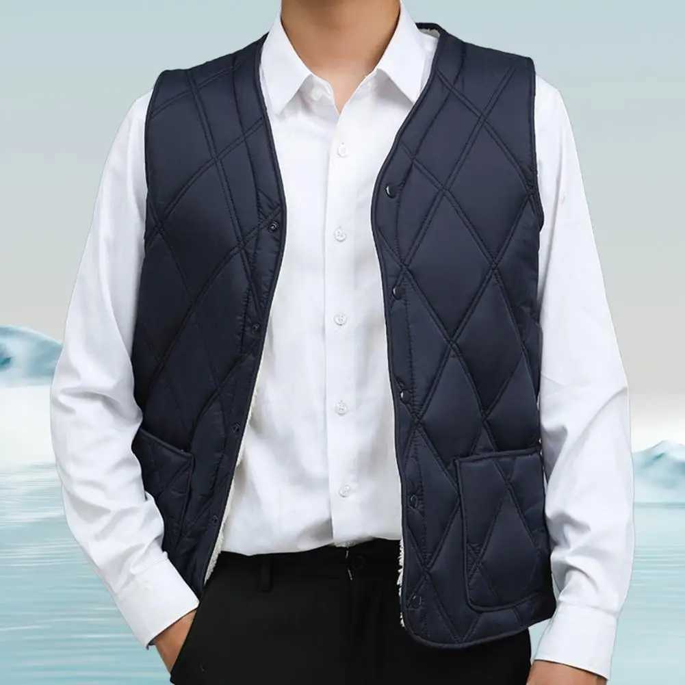 Men's Down Parkas Men Quilted Vest Stylish Mens Velvet Quilted Waistcoat with Plush Lining V-neck Single-breasted Winter Vest for Cold Weather z2