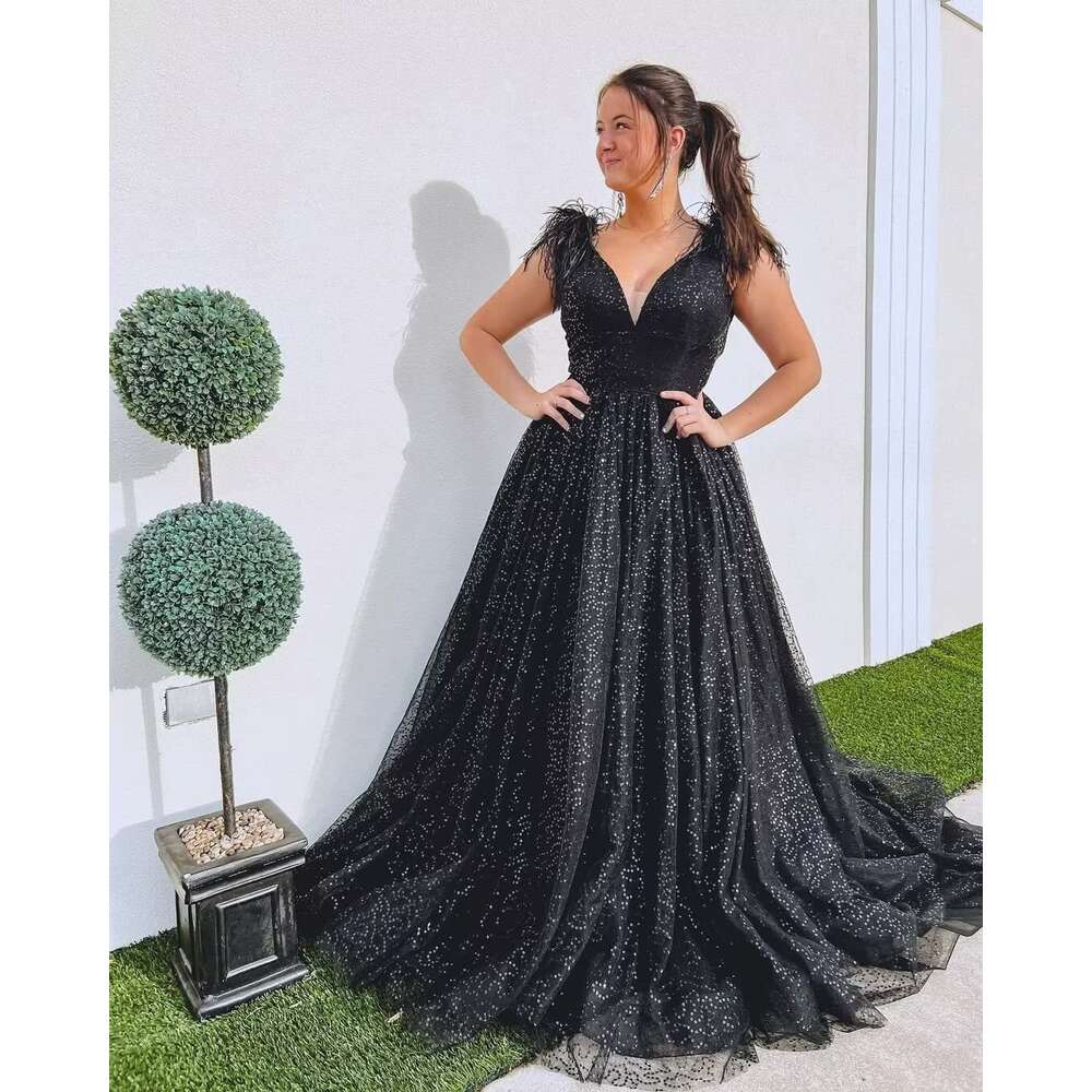 Sequin V Neck Prom Dresses Feather Ball Gown for Women Tulle Formal Evening Party Gowns prom AMZ s