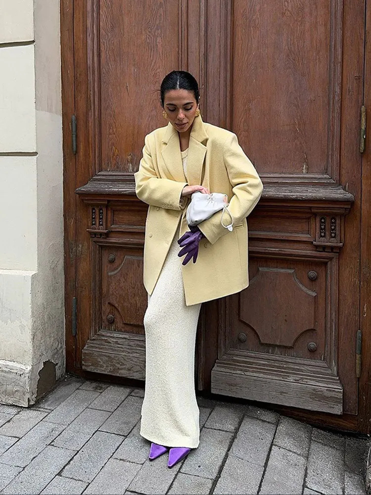 Elegant Lapel With Packet Double Breasted Woolen Coat Women Fashion Yellow Long Sleeve Loose Overcoat Autumn Winter Lady Outwear 241129