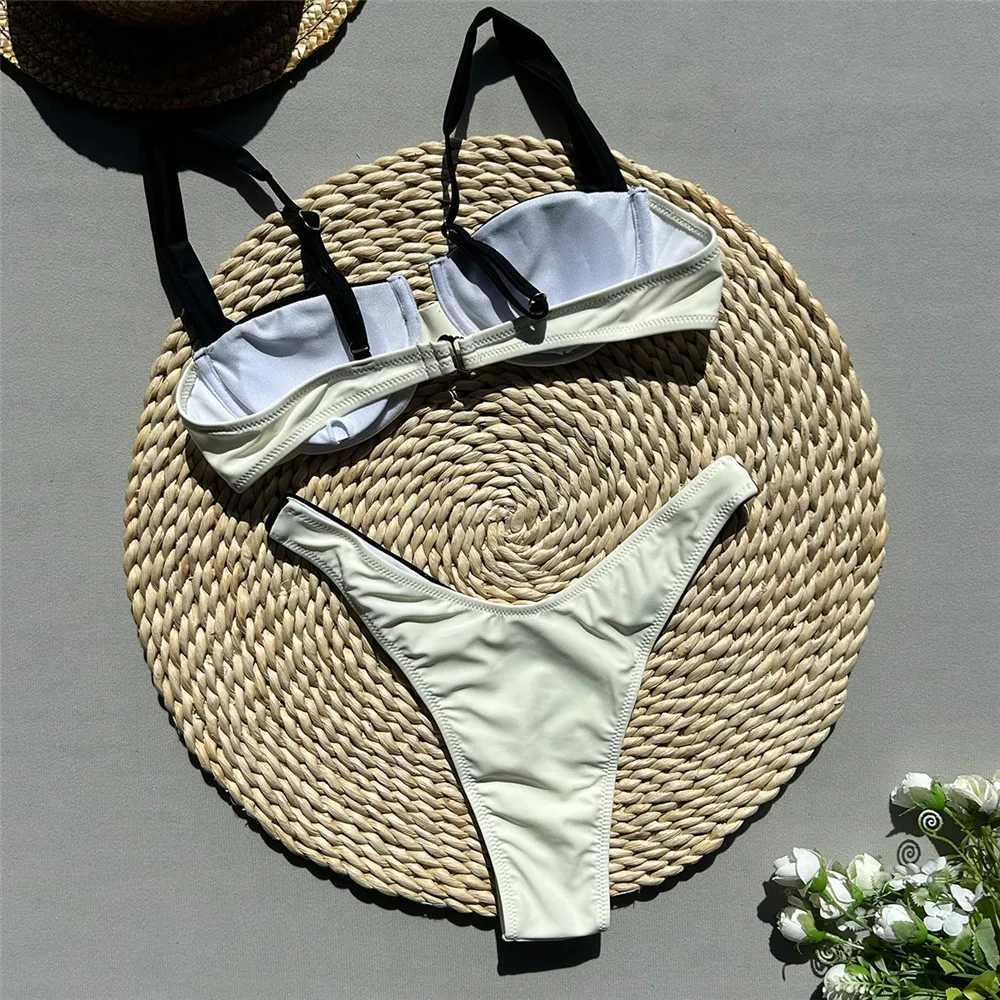 Women's Swimwear Black and white patchwork mini thong bikini push up swimsuit womens 2024 sexy swimsuit low waist Brazilian bikini set H241130