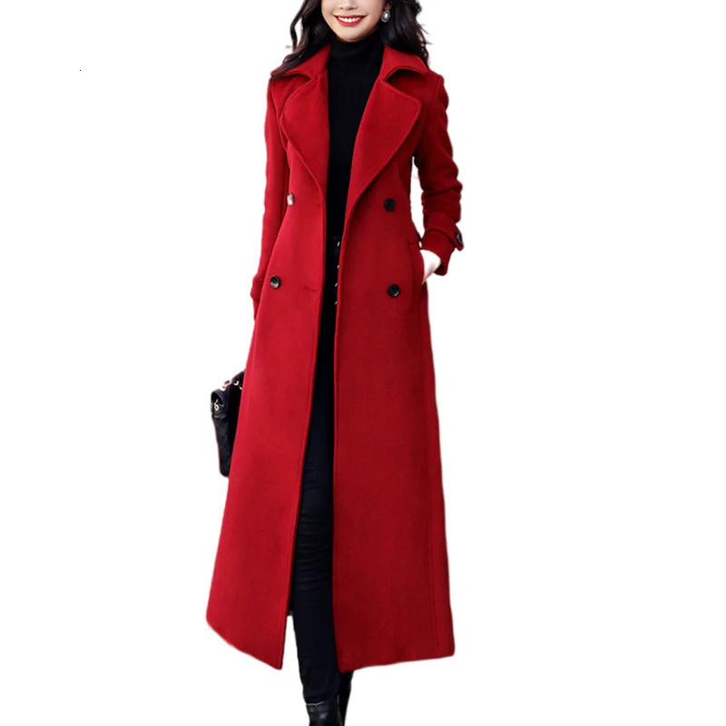 Winter Womens Coat Woolen Long Trench Outerwears Doublebreasted Coats Belt Lapel Warm Streetwear Temperament Tops Jacket S3XL 241129