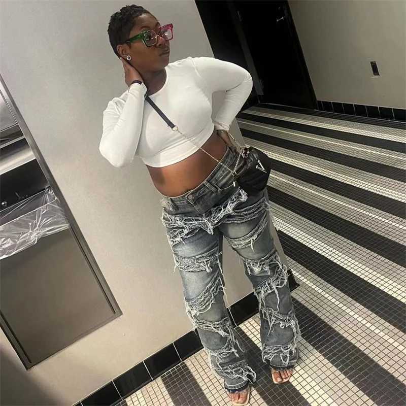 Women's Jeans Y2K clothing T-shirts jeans fringe pants womens 2024 casual high waisted design denim blue fashion luggage design mens pants H24113