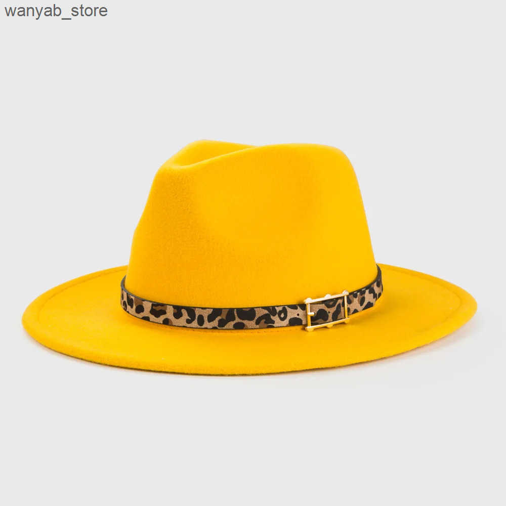 Wide Brim Hats Bucket Hats Yellow fedora inner leopard print spring new hat Panama felt hat for men and women jazz hat fedora hat L240910
