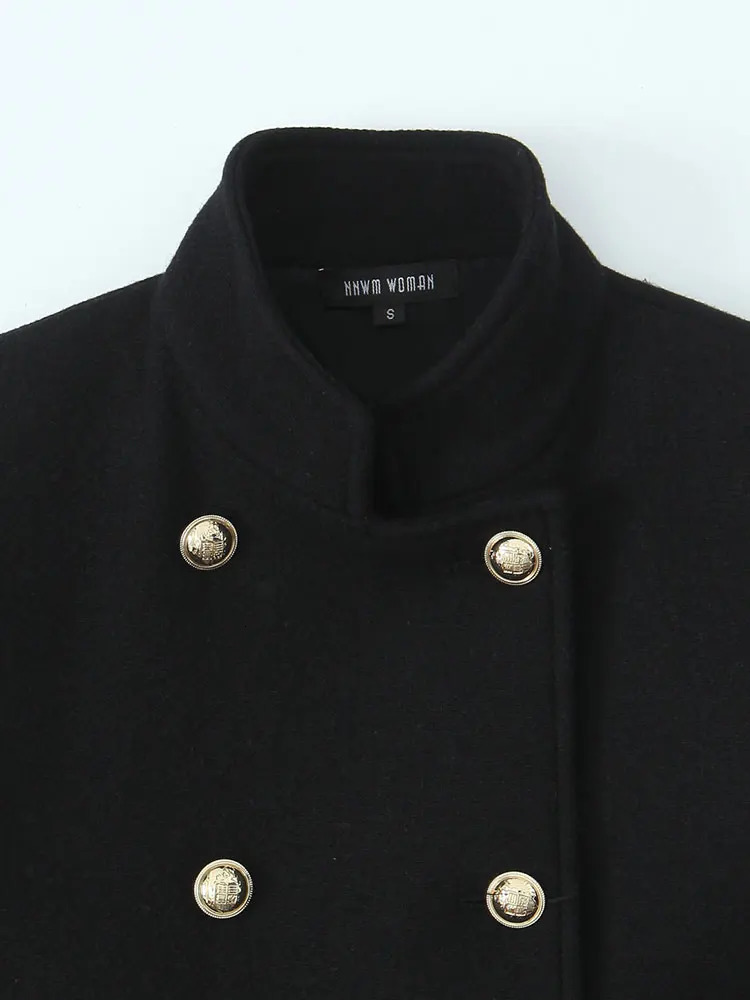 TRAF 2024 Autumn Woman Coat Double Breasted Long Artificial Wool Blended Sleeve Woolen Warm Women 241121