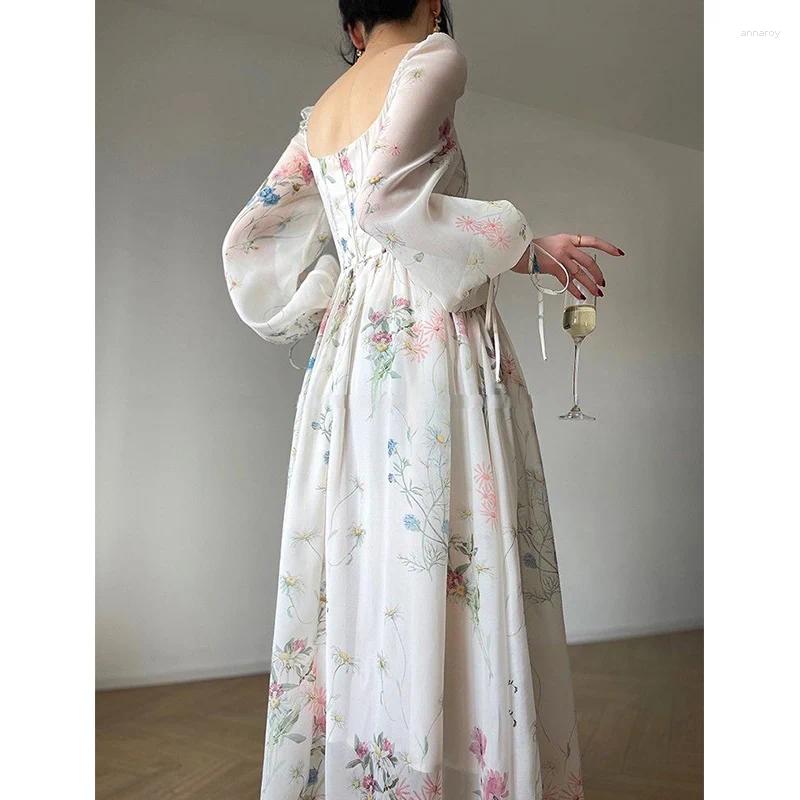 Casual Dresses 2024 Summer Korean Style Floral Evening Party Chiffon Long Sleeve Beach Midi Fairy Dress Vestidos De Ocasion Formales