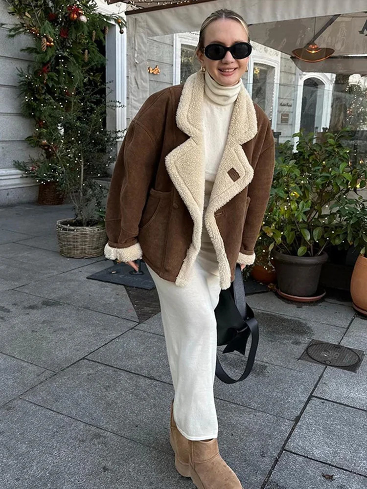 Fashion Suede Thicken Coat Women Casual Turndown Collar Single Breasted Loose Warm Jacket Chic Female Winter Lamb Wool Overcoat 241129