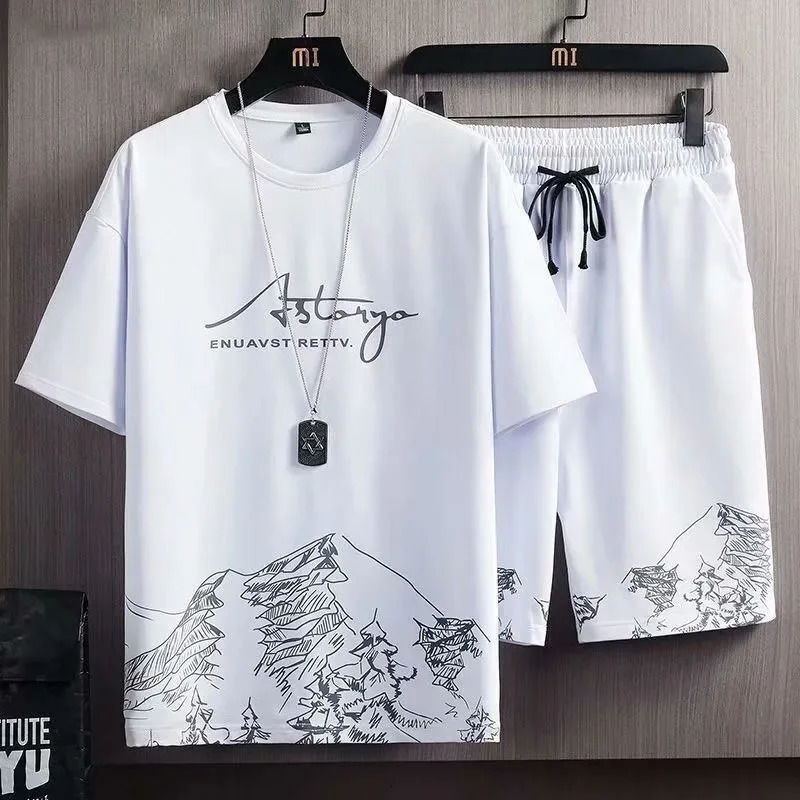 Summer Fashion Letter Printed Short Sleeve Tshirt And Shorts Two Piece Sets Quick Drying Loose Mens Tracksuit 240419