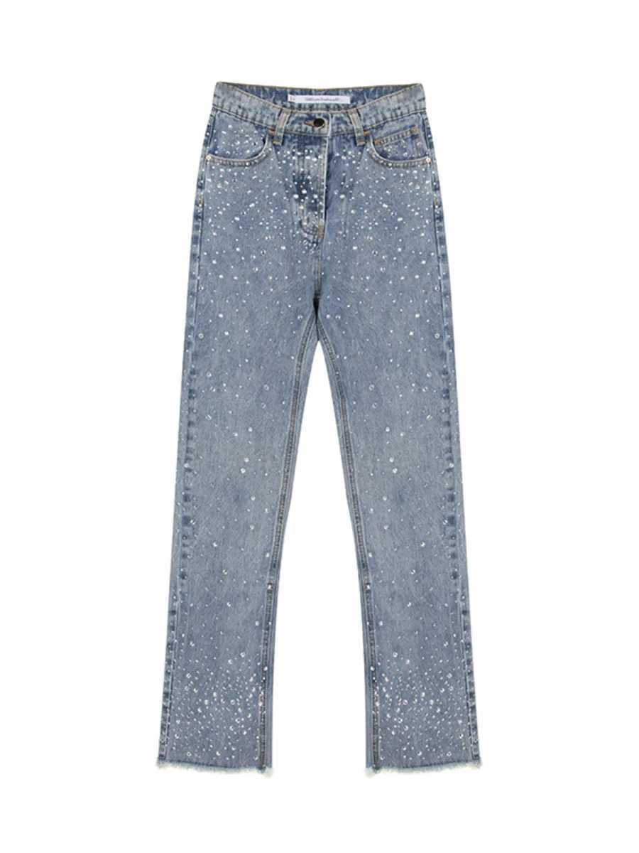 Women's Jeans Rhinestone High Body Waist Jeans for Women 2023 New Autumn Plants Female Straight Denim Pants Loose Weight Loss Pants H241130