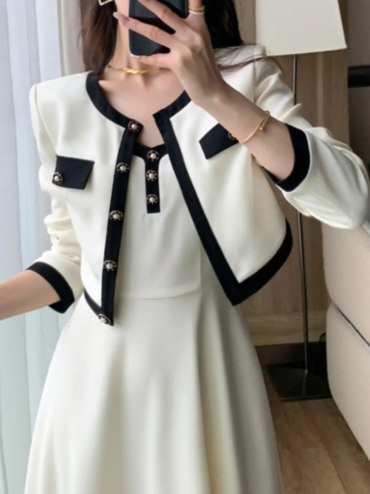 Women Short Coat ALine Midi Camisole Dresses Spring Elegant 2Piece Dress Set for Lady Slim Korean Fashion Female Suit 241129