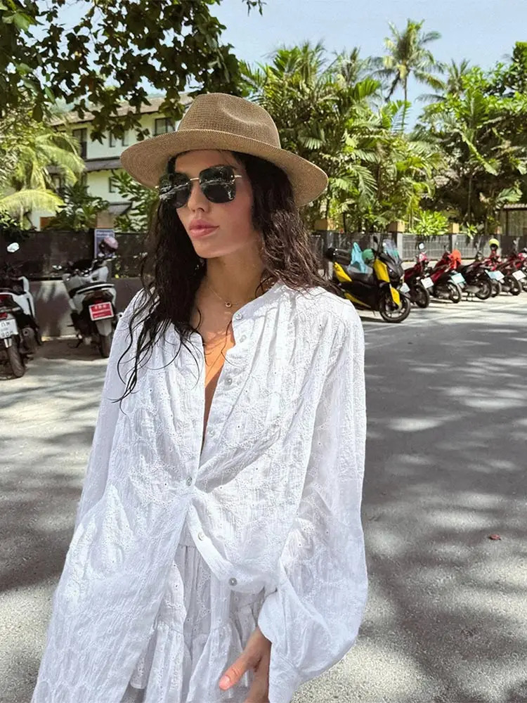 White Long Sleeved Shirt Jacket Shorts Sets Summer Female Stand Collar Single Breasted Suits Casual Vacation Casual Beachwear 240420