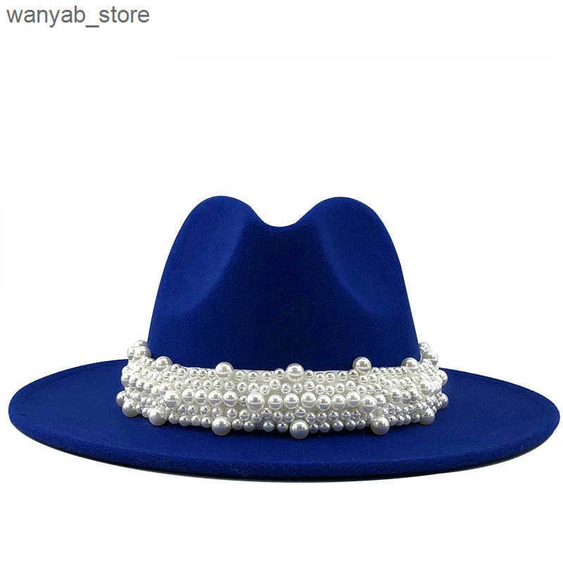 Wide Brim Hats Bucket Hats Women Men Wool Fedora Hat With Pearl Ribbon Gentleman Elegant Lady Winter Autumn Wide Brim Church Panama Sombrero Jazz Cap 