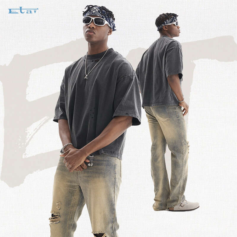 Retro Teen Solid Color High Quality Heavy Short Sleeve Men's American Street Style 100% Cotton Loose T-Shirt B4