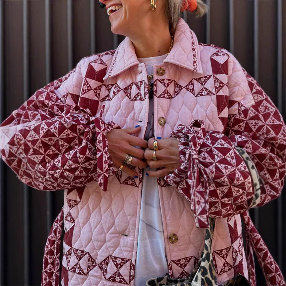Collar Patchwork Printed Long Sleeved Cotton Jacket, New Pink Loose Fit With Waistband And Tie Up Jacket