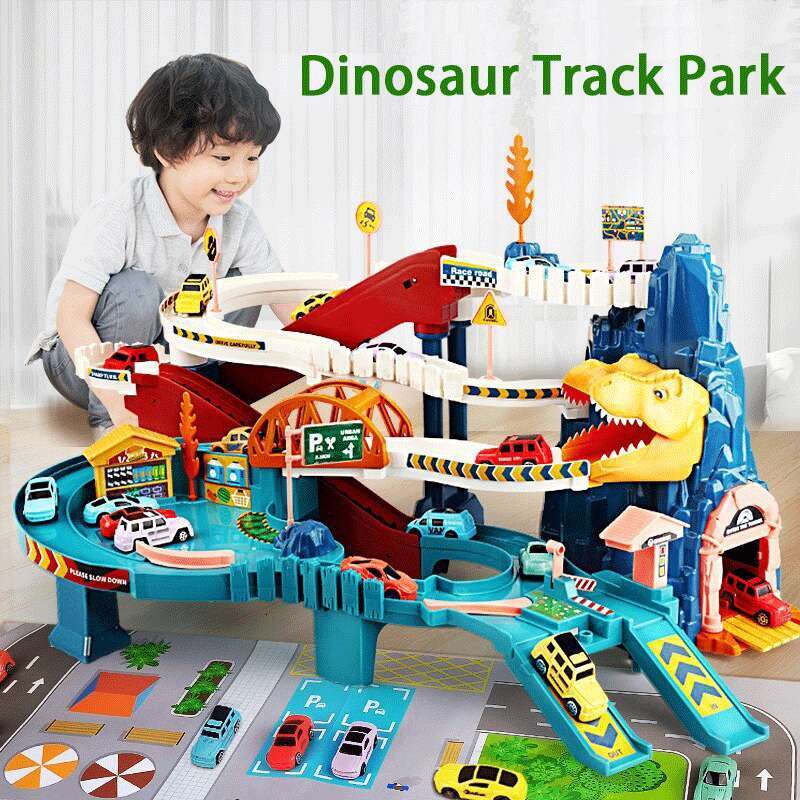 Ramp Track Dinosaur Climbing Hills Railcar Colorful Vehicles Construction Play Set with Mini Racer Cars Children's Toys