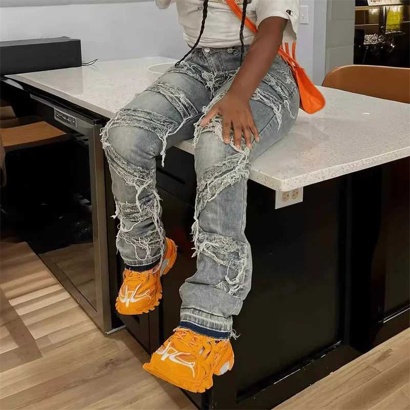 Women's Jeans Y2K clothing T-shirts jeans fringe pants womens 2024 casual high waisted design denim blue fashion luggage design mens pants H24113