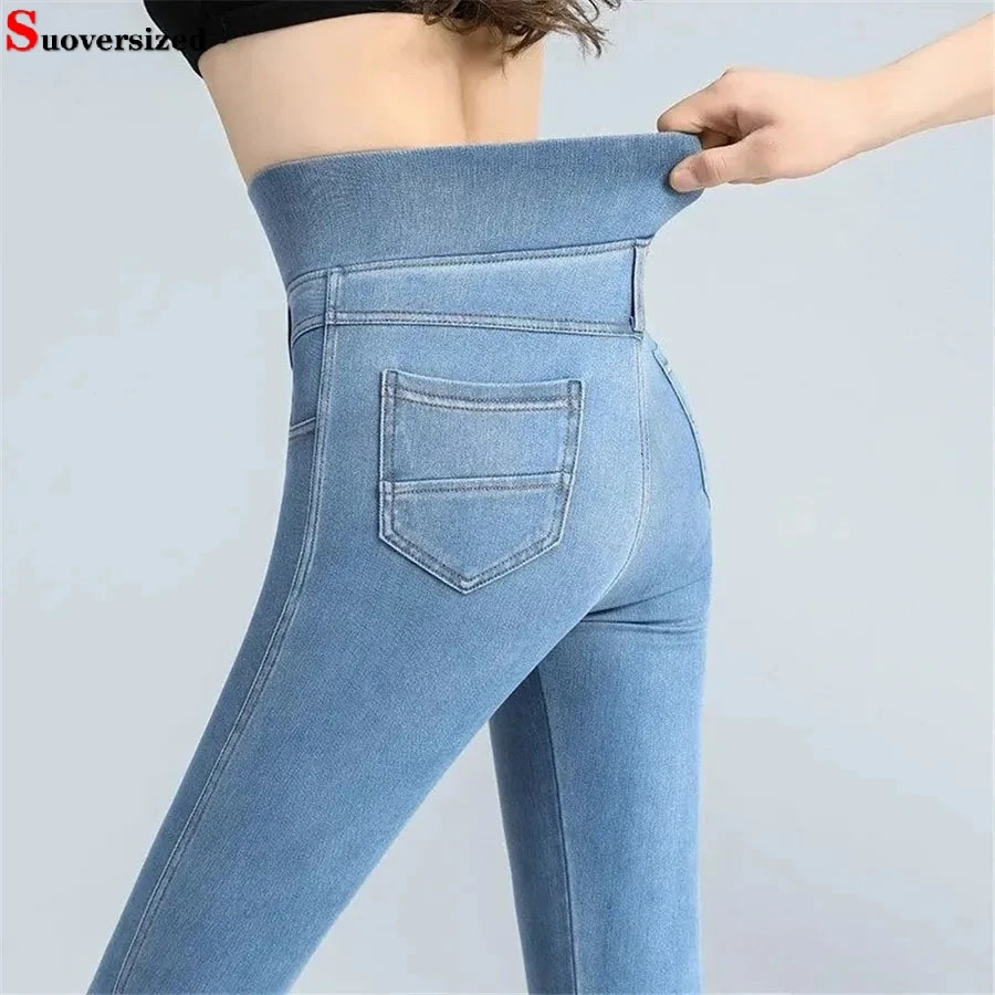 Elastic classic high waisted ultra-thin pencil jeans for women blue tight Vaqueros Ankle length denim pants size 38 vintage Pantalones 241122