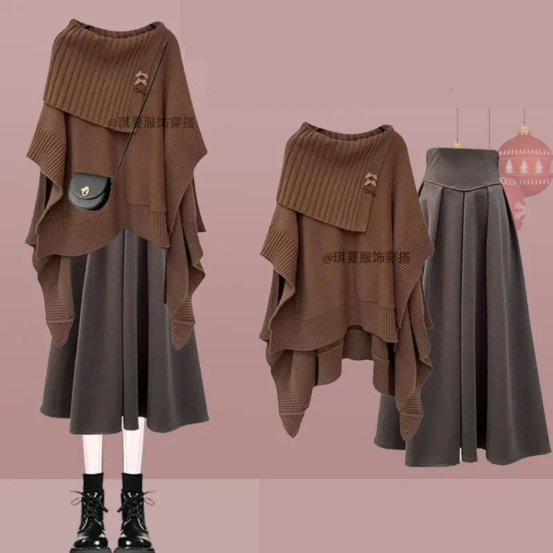 Women 2024 AutumnWinter Chic Dress Matching Set Korean Elegant Irregular Knit SweaterHigh Waist Midi Skirt Two Piece Suit 241129