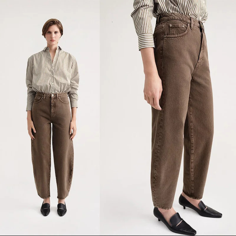 IOO Color Top Washing Chocolate Cotton High Waist Bucket Wide Leg Jeans Womens High Quality Free Delivery 241122