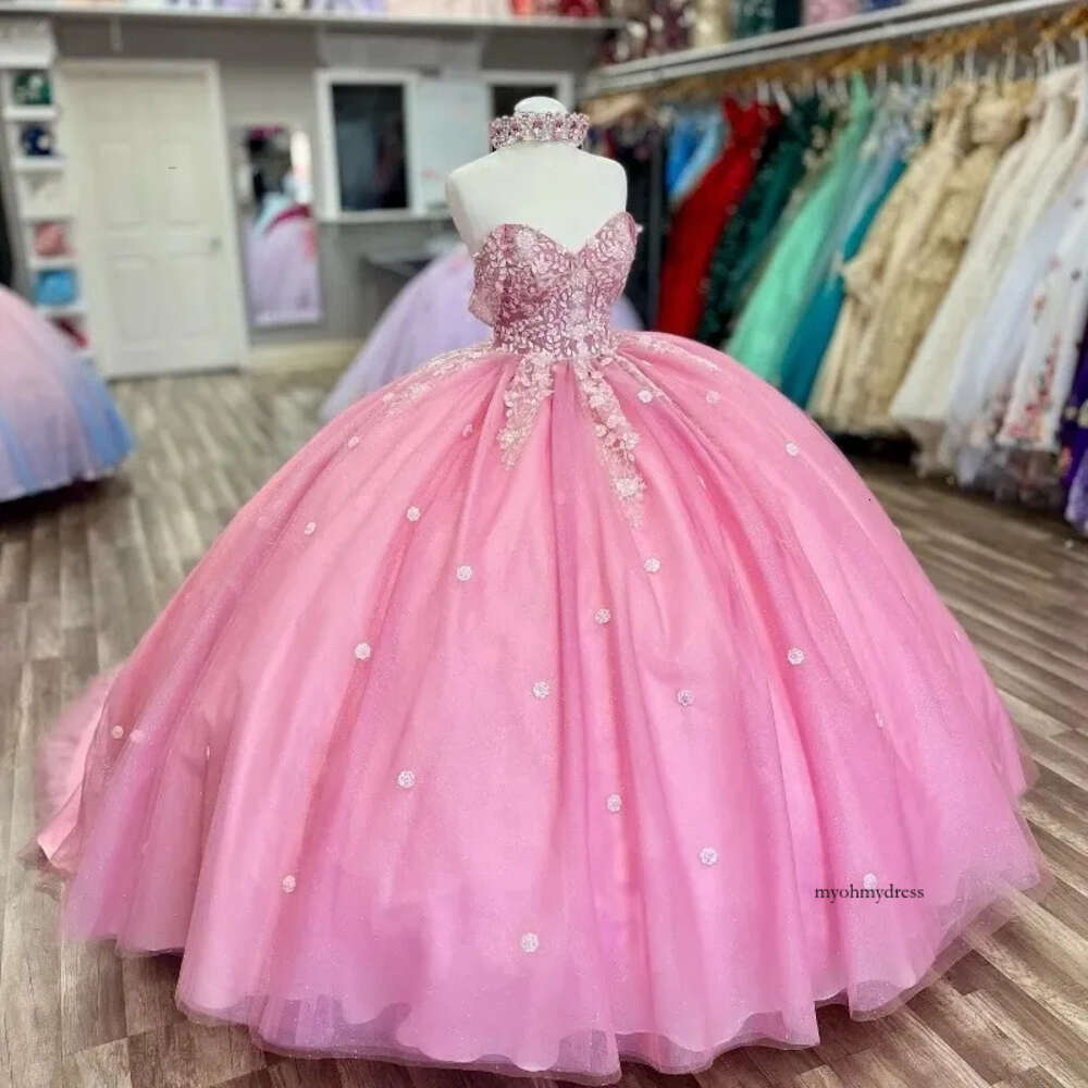 Sparkly Pink Quinceanera Dress Ball Gown Rhinestone Applique Crystal Beaded Flounced Sweet 16 Vestido De 15 Anos 0431