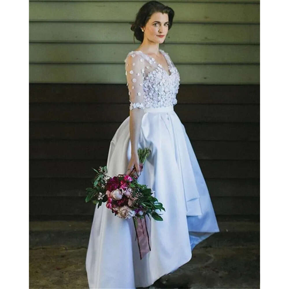E 2024 Wedding A Country Dresses V Neck Hand Made Wers Half Sleeves Satin High Low Length Plus Size Party Dress Bridal Gowns 403 Lz0304