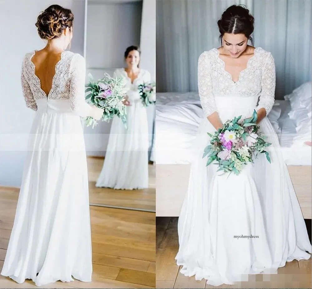 2023 Country A Line Dresses With 3/4 Long Sleeves Lace Chiffon Custom Made V Neck Floor Length Wedding Bridal Gown 0431
