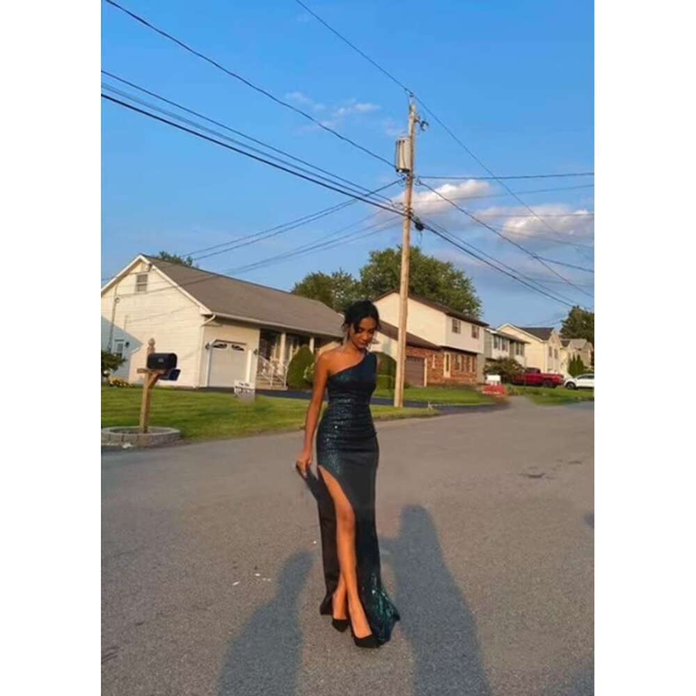 Shoulder Mermaid One Prom for Women Sequin Formal Evening Dresses with Slit prom AMZ