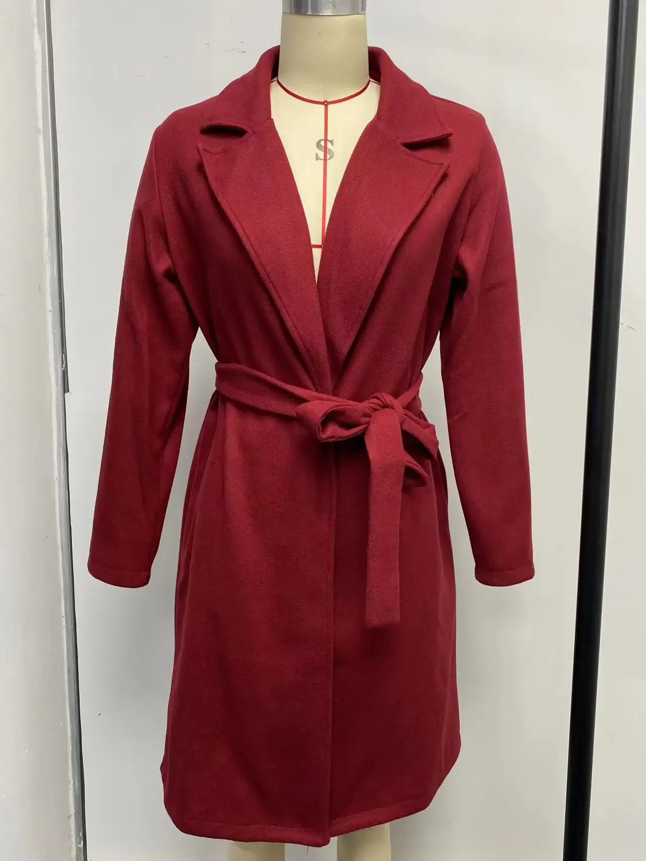 European and American Solid Color Lapel Tie Up Wool Blends Coatwomens Autumn Winter Loose Long Sleeve Stitching Coat 241129