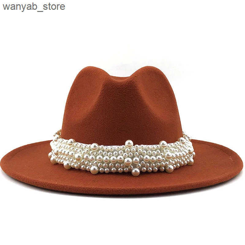 Wide Brim Hats Bucket Hats Women Men Wool Fedora Hat With Pearl Ribbon Gentleman Elegant Lady Winter Autumn Wide Brim Church Panama Sombrero Jazz Cap 