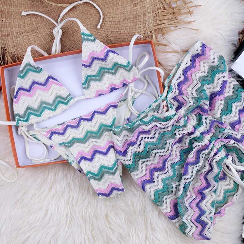 Women's Swimwear Colorful Ripples Bikini 2024 3-Piece Swimsuit Womens Swimsuit Brazilian Bikini Set Ruched Skirt Beachwear H241130