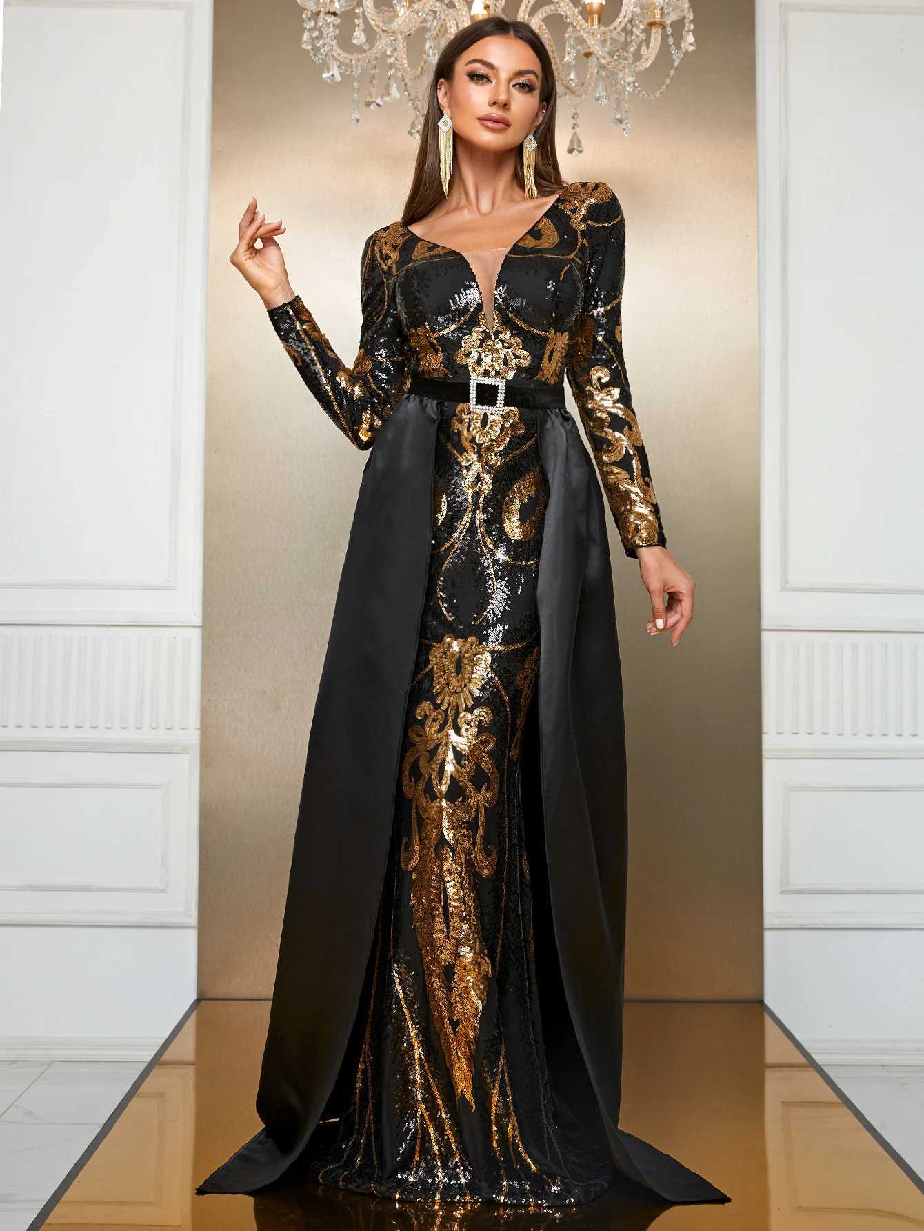 Runway Dresses YISIKADO Giffniseti Womens Lantern Slve Floral Sequin Waist Cape Gorgeous Elegant Party Dress 2024 Y240426
