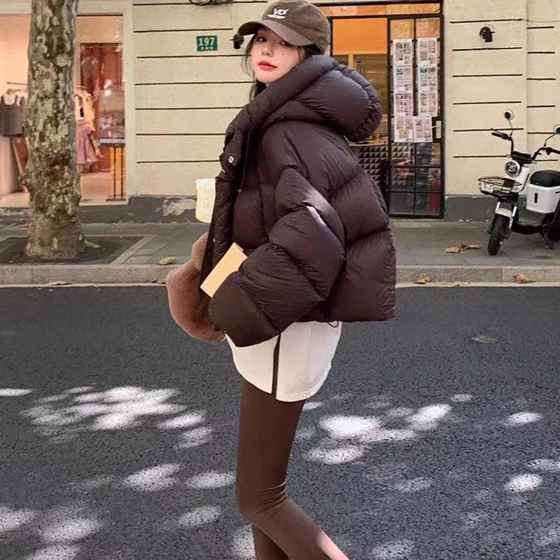 FIGOHR Womens Tailored Jacket Winter American Style Short Bread Jacket Womens Coat Coffee Hooded Coat 241127