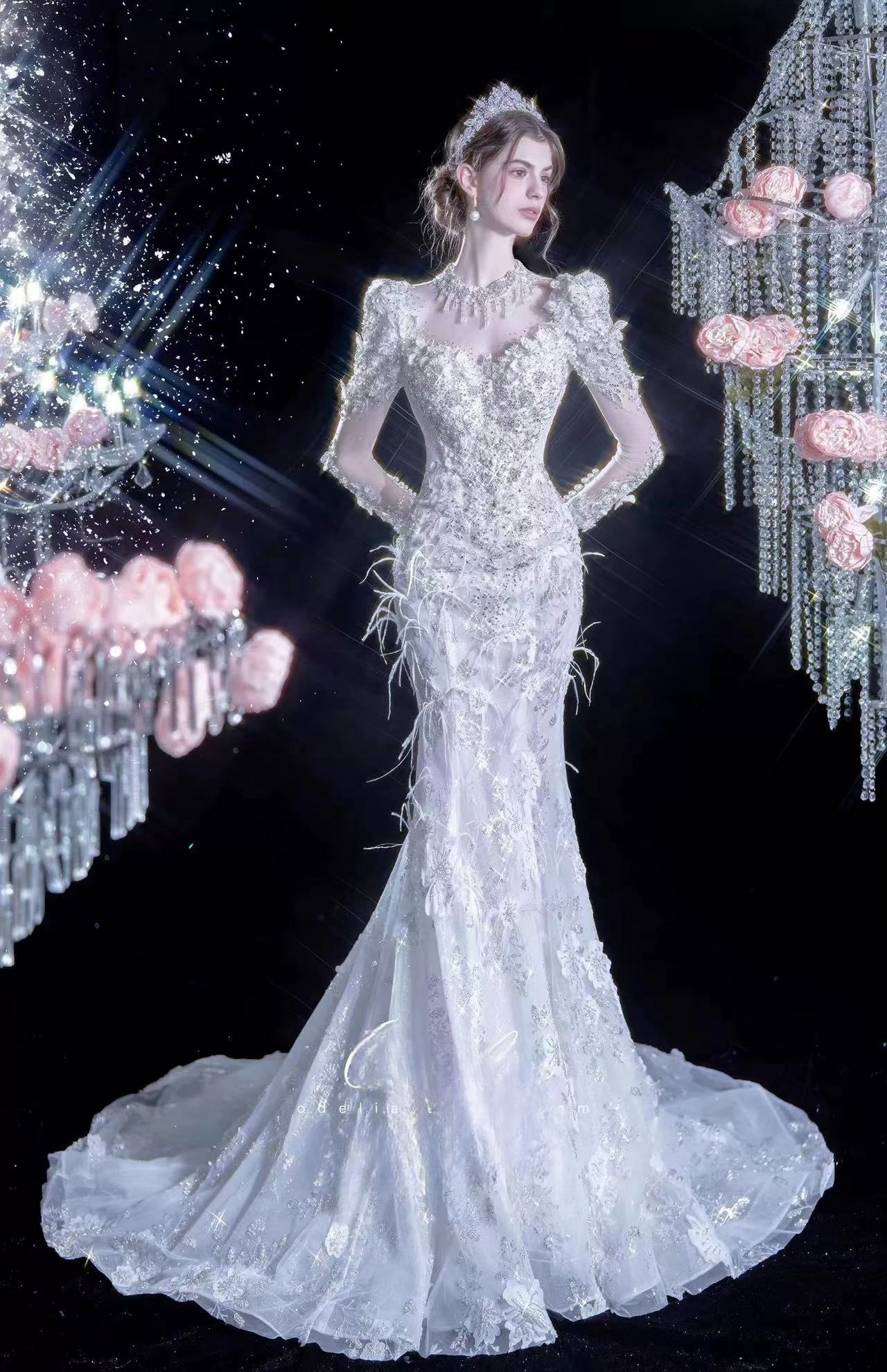 Plus Size Luxurious Lace Beaded Wedding Dresses Arabic Aso Ebi long sleeves crystals pearls beaded Mermaid Bridal Dresses Vintage Wedding Gowns feathe