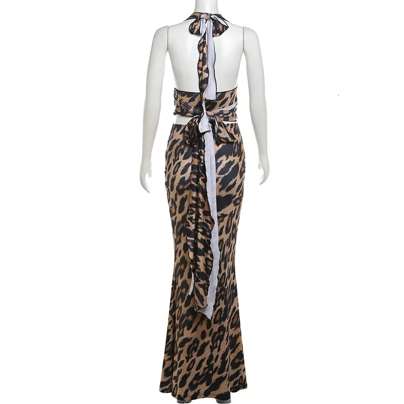 Leopard Print Bodycon Women Y2K Maxi Dress Set Summer Halter Backless Wrap Crop Top Long Skirts Two Piece Matching Sets Outfits 240423