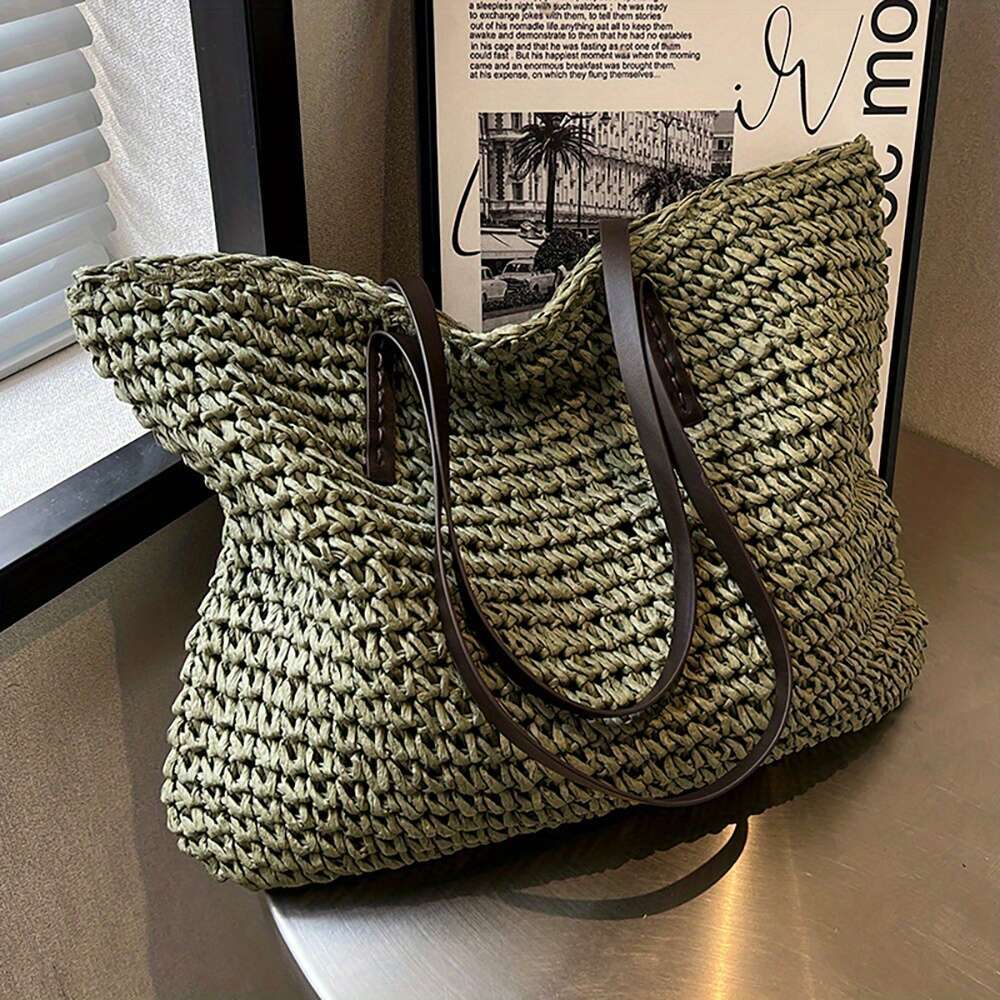 Grass woven large capacity handbag, lightweight shopping zipper shoulder bag, exquisite summer beach handbag