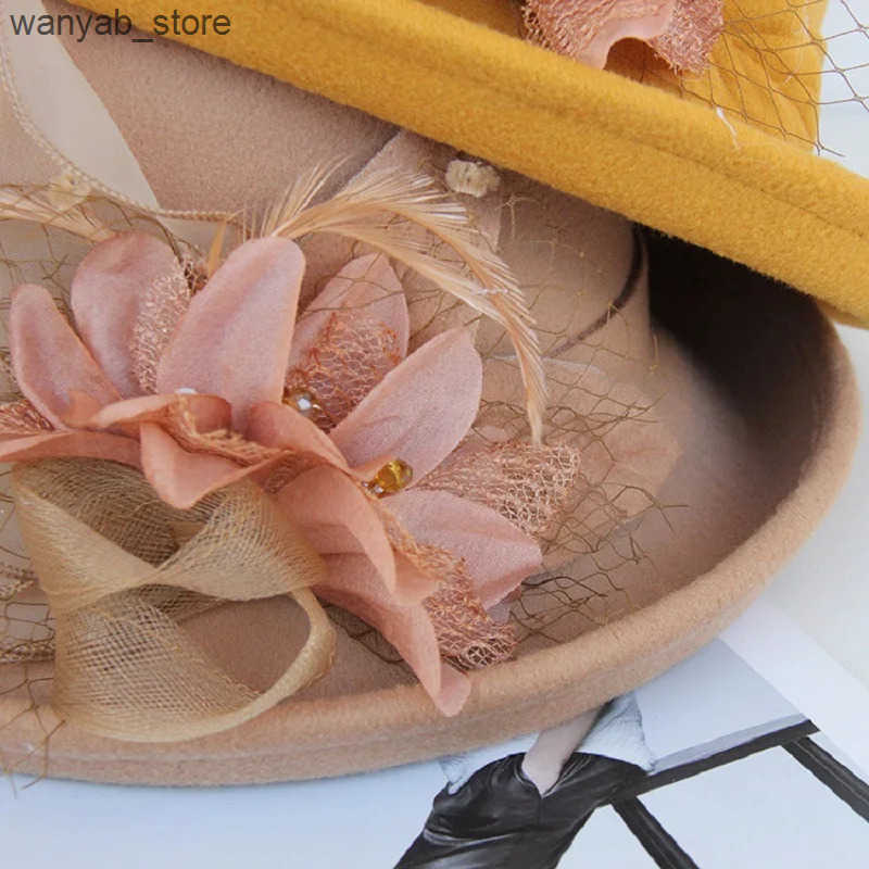 Wide Brim Hats Bucket Hats 2021 Women Warm Wool Felt Flowers Hat Ladies Wide Brim Hat Autumn Winter Noble Elegant Girls Fashion Party Cap Decoration L