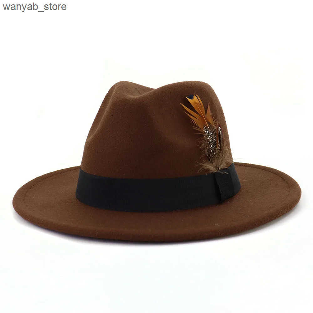 Wide Brim Hats Bucket Hats New Feather Top Hat Men Women Elegant Jazz Fedora Hats Party Wedding Church Panama Felt Cap Wide Brim Sun Protection 58-60c