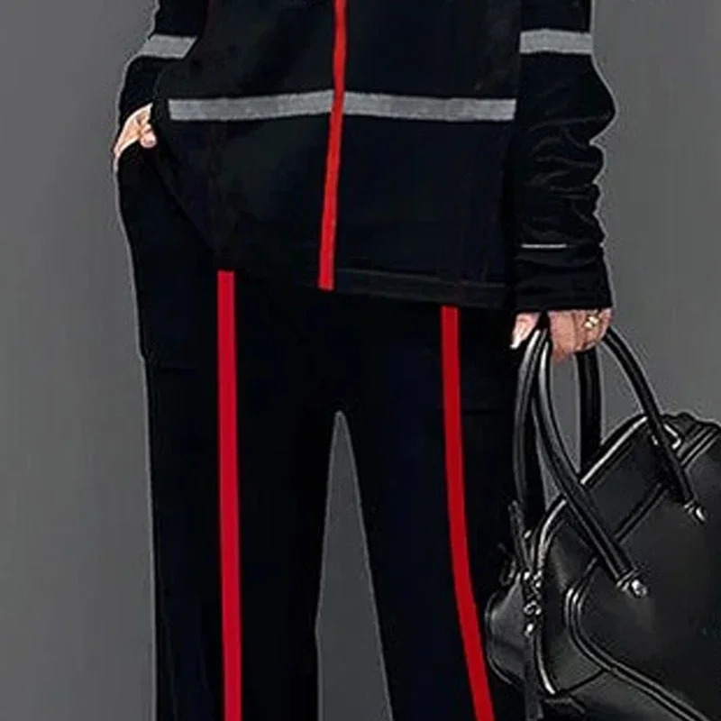 Yeezzi Womens Fashion Two Piece Sets Long Sleeves Loose Striped High Neck TShirts Waist Wide Leg Pants Suits 2024 241129