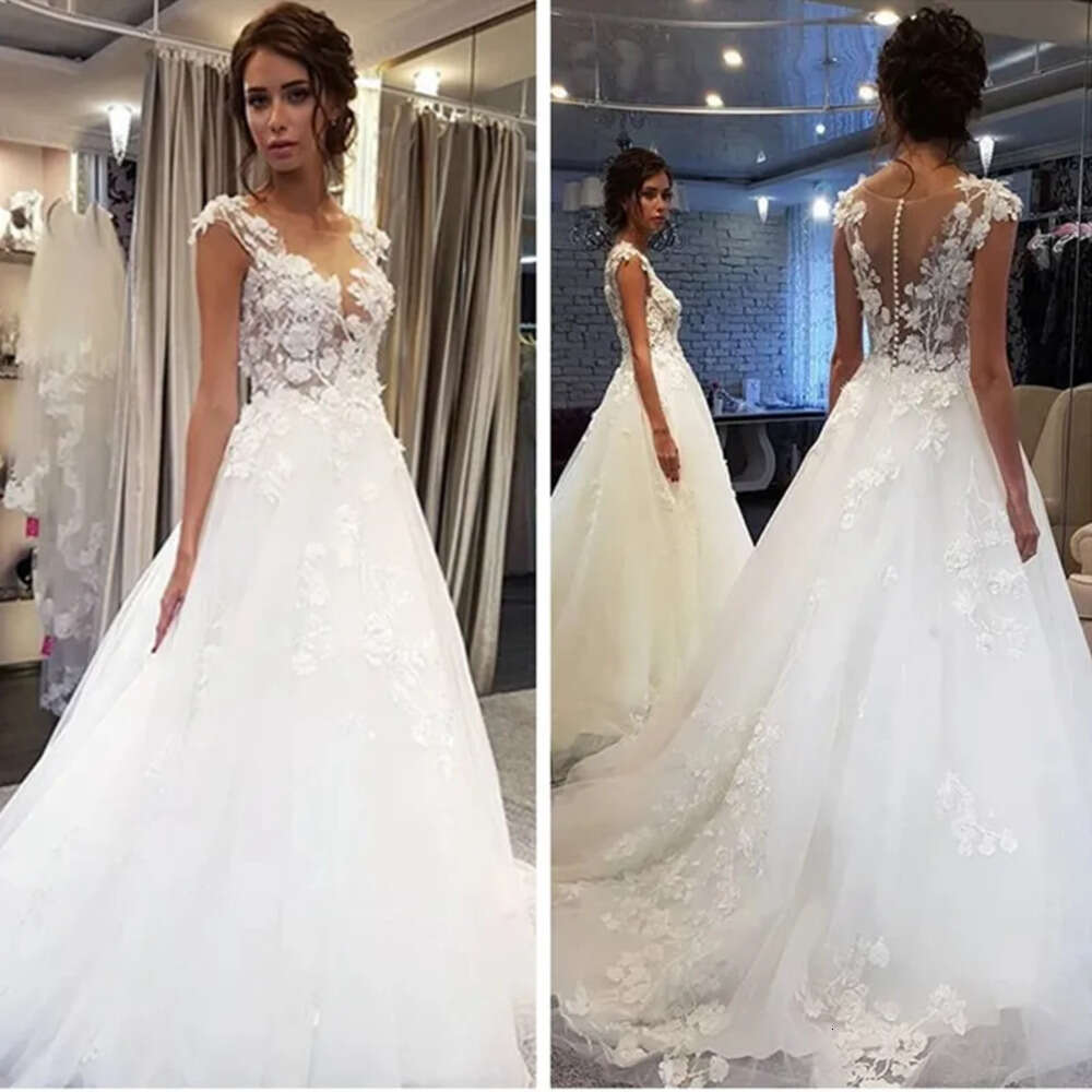 White With Dress Floral Tulle D Flowers See Through Elegant Wedding Dresses Lace Appliques Bridal Gowns Voiles De Mariage Es Es