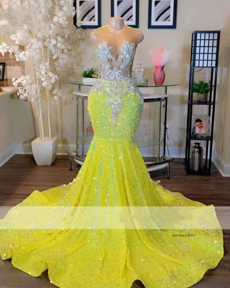 Sparkly Yellow Mermaid Prom Dresses Black Girls Crystals Plus Size Birthday Party Formal Evening Ocn Gowns Robe De Bal 0431