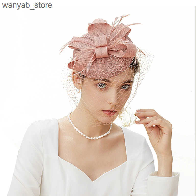 Wide Brim Hats Bucket Hats Fascinator Pillox Hat Bridal Wedding Veil Fascinator Mesh Lace Headband Tea Party Feather Fascinator Hats for Women L240910