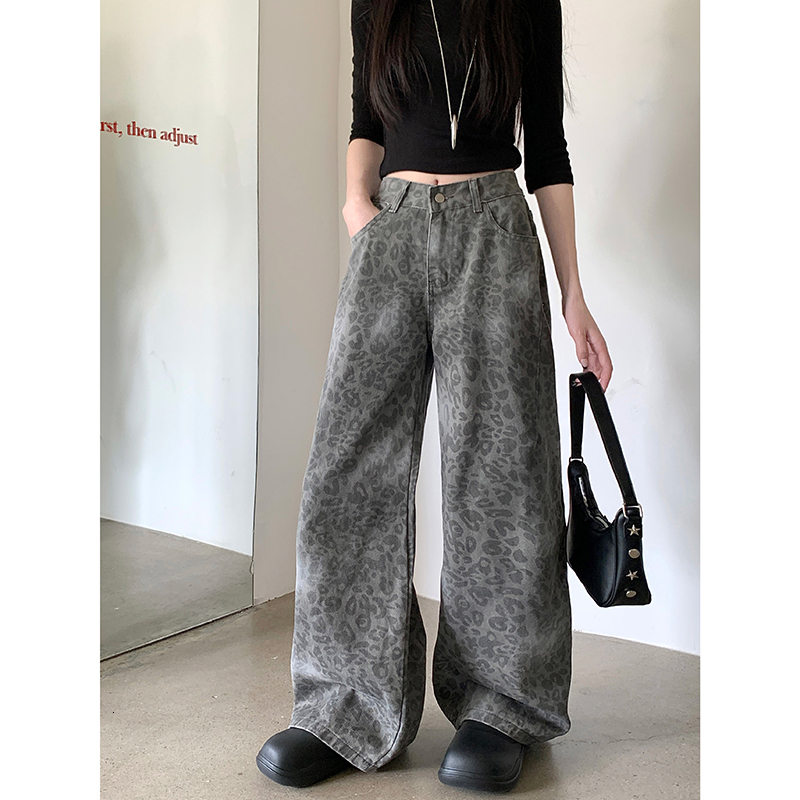 Vintage 90S Leopard Print Pantalon Femme Wide Leg Pants Women High Waist Straight Y2k Jeans Casual Fashion Korean Jean Trousers