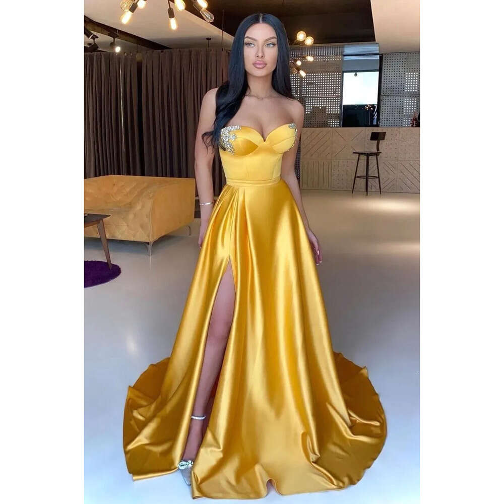 Evening Split Gold Sexy Yellow Dresses A Line Sweetheart Beaded Satin Long Prom Gowns Women Formal Vestidos Bc