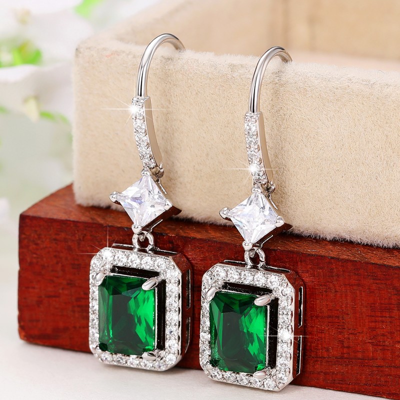 Radiant Emerald Green CZ Sterg Sier Dangle Earrings For Women 4